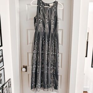 BHLDN Midi Dress with delicate floral embroidery on gray textile, size 10